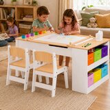  Детска Дървена Маса 3 в 1 GINGER HOME с 2 Столчета, Дъска за Рисуване, Органайзер и Ролка за Хартия, 109x60x55 см | shoptok.hr