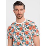 Ombre Men's cotton t-shirt with floral full print pattern - white | Shoptok.si