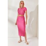 Olalook Pink Short Sleeve Slit Skirted Lycra Suit Cene