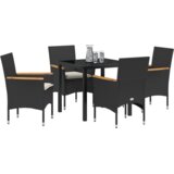 vidaXL 5-delni komplet zunanje jedilnice z blazinami v črnem poliratanu, vrtna miza v črni barvi 80x80x73 cm s kaljenim steklom | Shoptok.si