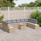 vidaXL 11-delni set vrtnega kavča z blazinami Bež Poly Rattan Acacia | Shoptok.si