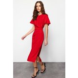 Trendyol Red Straight Cut Gathered Midi Woven Dress Cene