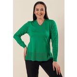 By Saygı V-neck Acrylic Sweater with Sleeves Patterned Plus Size Plus Size Size Sweater Green with slits in the sides. Cene
