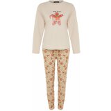 Trendyol Cream 100% Cotton Christmas Theme T-shirt-Pants and Knitted Pajamas Set Cene