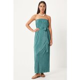 Happiness İstanbul Women's Green Strapless Belted Pleated Dress Cene