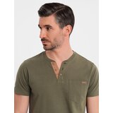 Ombre Men's T-shirt with button neckline and suede trim - dark olive | Shoptok.si