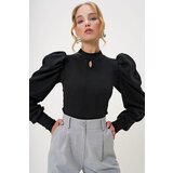 Trend Alaçatı Stili Women's Black Crew Neck Drop Neck Princess Sleeve Knitwear Blouse