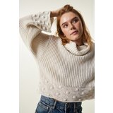  Women's Cream Turtleneck Textured Seasonal Knitwear Sweater Cene