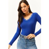 Olalook Women's Saks Blue Collar Lace V-Neck Camisole Knitted Blouse Cene