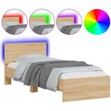 Maison Chic Posteljni okvir - Enojna postelja - Postelja za odrasle z vzglavjem in LED sonoma hrast 90x190 cm-J9551, (21775639) | Shoptok.si