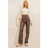 Trend Alaçatı Stili Women's Brown Knee-stitched Faux Leather Palazzo Pants with Pocket