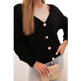 Kesi Włoski Women's openwork sweater with a V-neck and gold buttons black | shoptok.hr