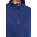 Trendyol Navy Blue Comfortable Cut Crop Basic Zippered Stand-Up Collar Fleece Inside Knitted Sweatshirt Cene