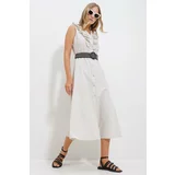 Trend Alaçatı Stili Women's Beige Frilly Front Belted Poplin Woven Dress