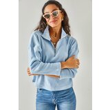 Olalook Women's Baby Blue Zipper Stand-Up Collar Raspberry Sweater Cene