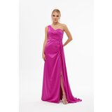 Carmen Fuchsia Satin One-Shoulder Slit Long Evening Dress Cene