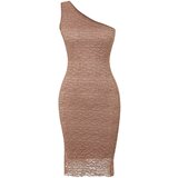 Trendyol light brown single sleeve body fitted textured stretch knitted midi dress Cene