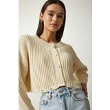  Women's Cream Ripped Detailed Buttoned Crop Knitwear Cardigan Cene