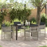 vidaXL Set vrtne jedilnice s 5 kosi in oblazinjenjem, svetlo siva, poliran ratan, Vrtna miza, črna, 140x80x73 cm, kaljeno steklo | Shoptok.si