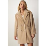  Women's Beige Rabbit Hair Look Oversized Coat Cene