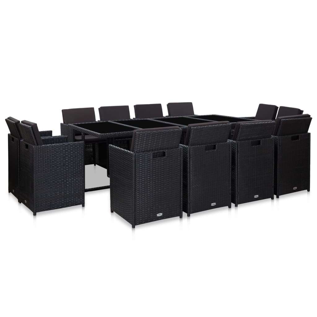  Vrtna garnitura - 13-dijelni vrtni blagovaonski set od poliratana s jastucima crni - Crna Dužina stola 225 cm 12x fotelja + stol | shoptok.hr