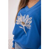 Kesi Women's cornflower blouse with a V-neck and embroidered flower blue | shoptok.hr