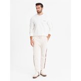 Ombre Men's cotton U-neck longsleeve with piping and chest print - broken white | ePonuda.com