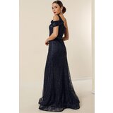 By Saygı One Side Rope Strap Waist Beaded Lined Sequin Embroidered Front Slit Long Fishtail Dress | Shoptok.si