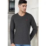 Dewberry T8587 V-NECK MEN'S LONG SLEEVE T-SHIRT-ANTHRACITE-1