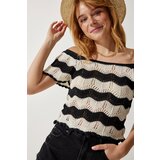  Women's Black Cream Openwork Knitwear Blouse Cene