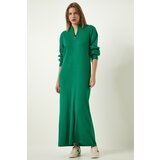 Happiness İstanbul Women's Green Zipper Collar Ribbed Long Knitwear Dress cene