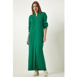  Women's Green Zipper Collar Ribbed Long Knitwear Dress | ePonuda.com