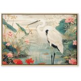 Slika - By an Asian pond - an illustration in the style of a Japanese engraving depicting a heron 60x40 U prirodnom drvenom okv | shoptok.hr