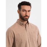 Ombre Men's linen shirt with classic collar and pockets REGULAR FIT - light brown | shoptok.hr