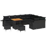 vidaXL 12-delni set vrtnarskih sedežev z blazinami, črn poli ratan in akacija, 3-delni set vrtne jedilne garniture z blazinami, črn poli ratan in akacija | Shoptok.si