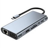  Adapter Type C na LAN Gb, SD card, TF, Type C, 3xUSB 3.0, Audio, HDMI i VGA, 10 u 1, 20cm kabl, Sivi | Eponuda.com