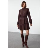 Trendyol Brown Polka Dot Waist Opening Flounce Crew Neck Mini Woven Dress Cene