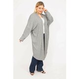 Şans Women's Gray Plus Size Relaxed Fit Self Striped Long Cardigan Cene