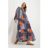 Trend Alaçatı Stili Women's Blue-Orange Grand Collar Shawl Patterned Maxi Length Dress