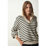 Happiness İstanbul Women's Cream Striped Zipper Collar Knitwear Sweater Cene