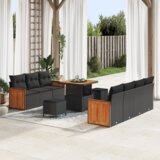 vidaXL 10-delni vrtni kavč set z blazinami črn poli ratan akacija | Shoptok.si