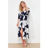 Trendyol Navy Blue Floral Print A-line Double-breasted Collar Midi Woven Dress Cene