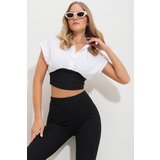 Trend Alaçatı Stili Women's White Shirt Collar Color Block Blouse