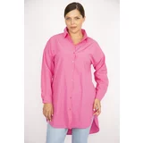 Şans Women's Plus Size Pink Poplin Fabric Front Buttoned Side Slit Tunic
