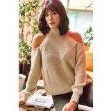 Olalook Women's Stone Half Turtleneck Open-Shoulder Loose Knitwear Sweater Cene
