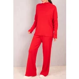 armonika Women's Red Thick Ribbed High Neck Sleeve Buttoned Knitwear Suit