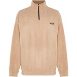 Trendyol Beige Men's Oversize/Wide Fit Sweatshirt with a Zipper Stand-Up Collar Thick Fleece/Plush with Labels. Cene