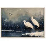  Slika - Herons over a winter pond - Japanese-style illustration in dark colours 120x80 U prirodnom drvenom okviru | shoptok.hr