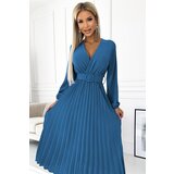 numoco basic Pleated midi dress with neckline, long sleeves and wide belt Numoco | ePonuda.com