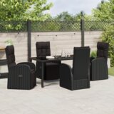 vidaXL 5-delni vrtnarski jedilni set z blazinami Črn poli ratan | Shoptok.si
